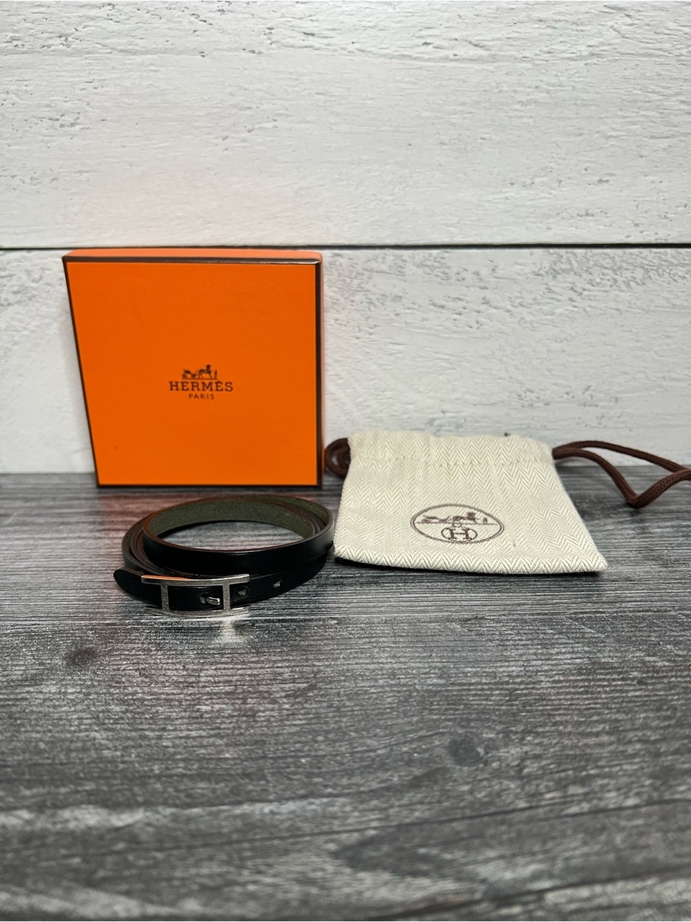 Authentic Hermes Black Leather Double Tour Bracelet with Silver Buckle